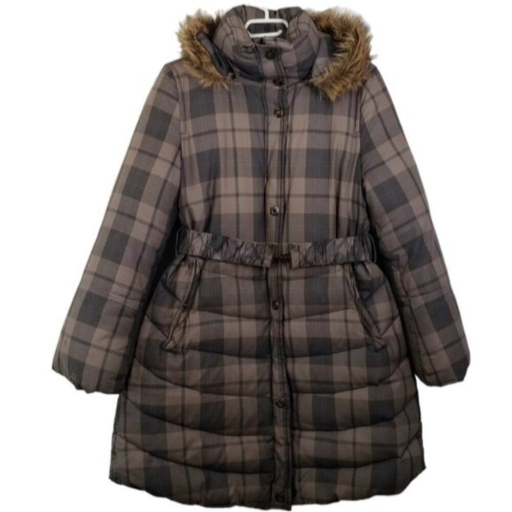 Soia & Kyo Plaid Puffer Ski Jacket with Faux Fur Hood - Brown & Gray